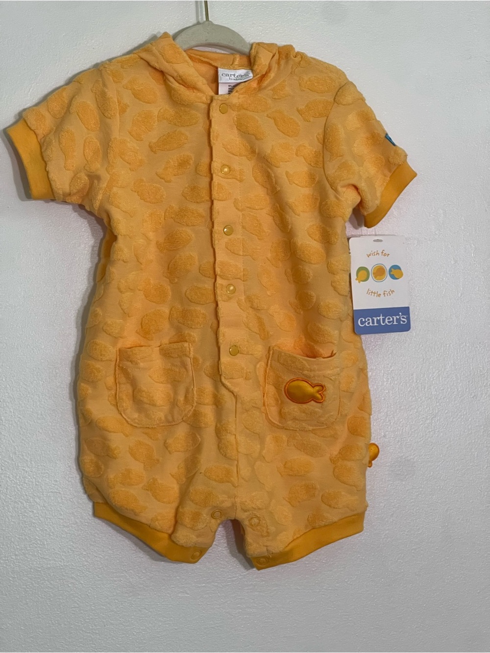 Carter's dead stock 80% cotton Yellow-Orange Hooded Terry cloth fish Bodysuit